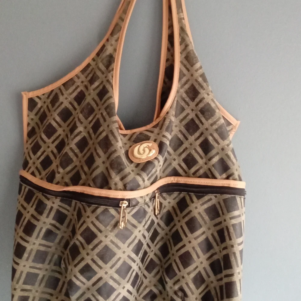 Designer Canvas Tote Bag Geometric Print Tan Beige‎ Zipper Pockets